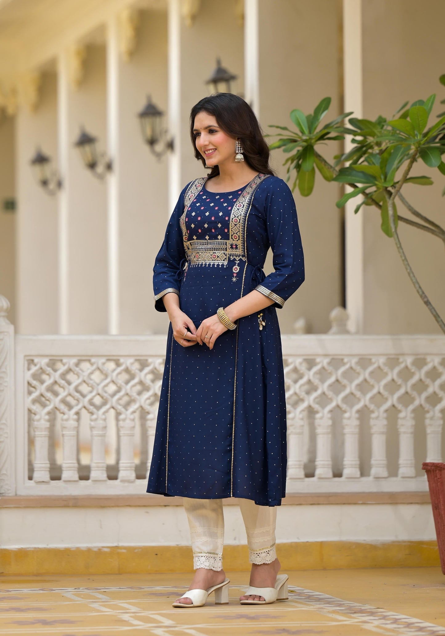 Juniper Blue Solid Rayon Kurta With Sequins & Doris - Swadesiicart