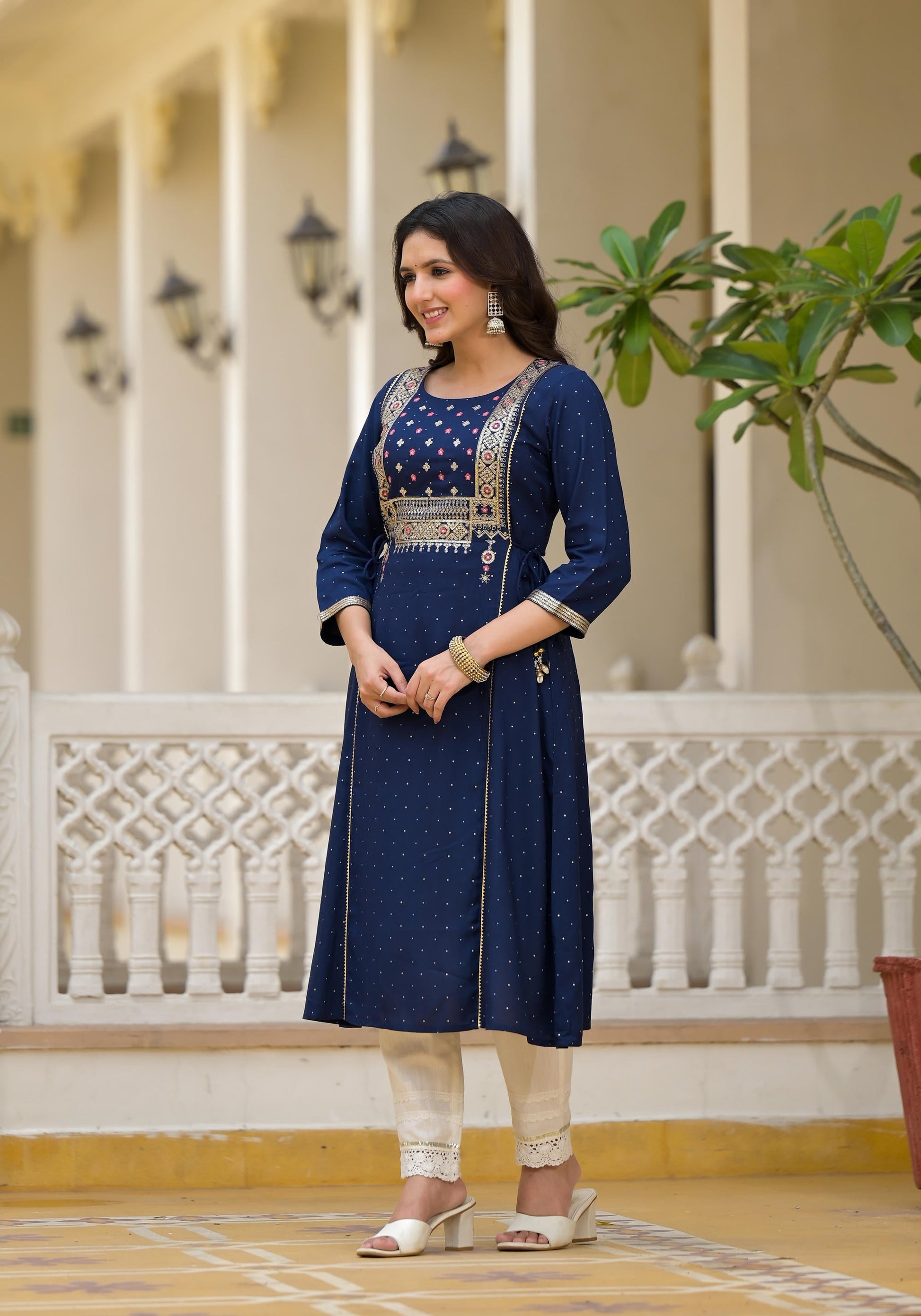 Juniper Blue Solid Rayon Kurta With Sequins & Doris - Swadesiicart