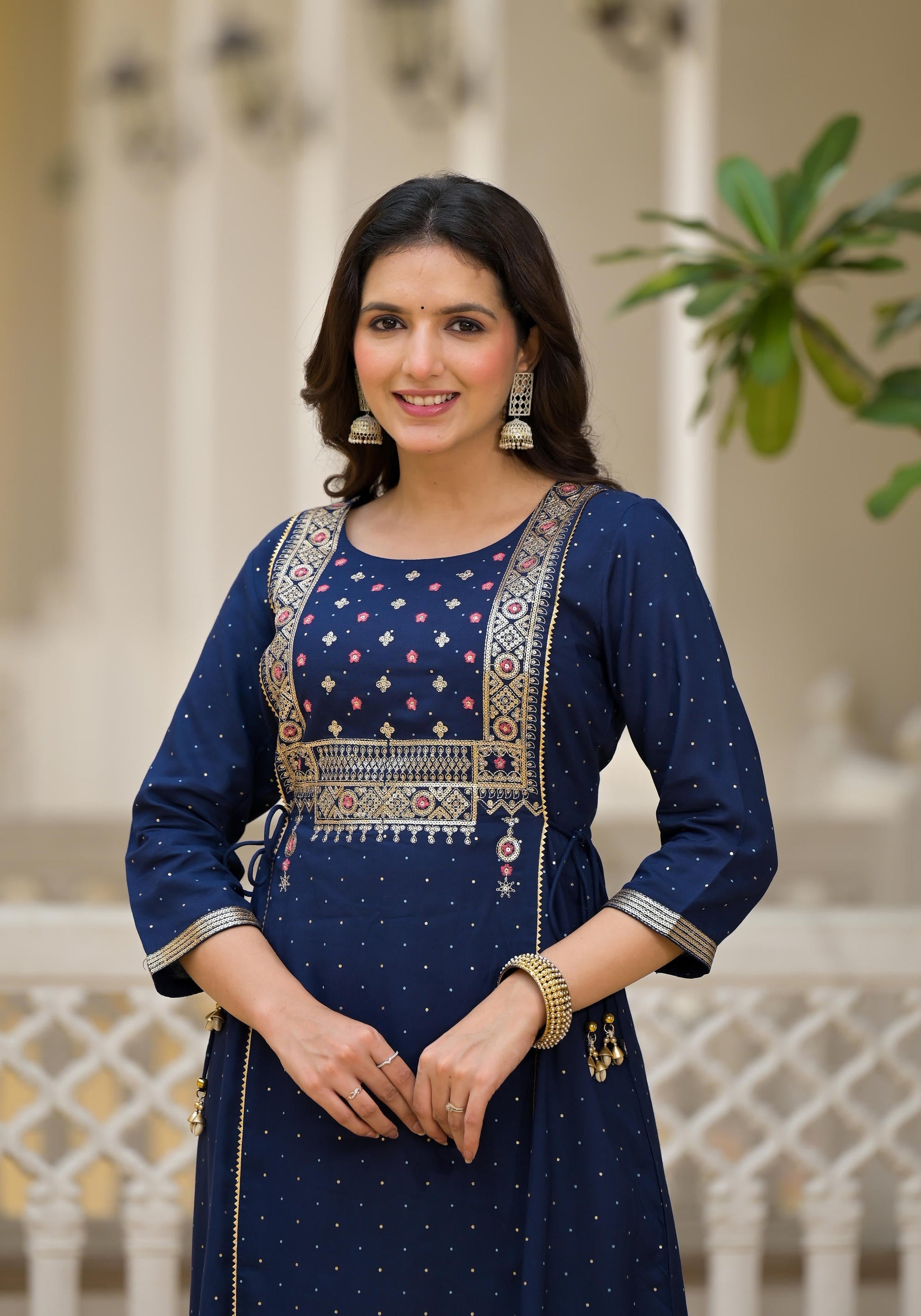 Juniper Blue Solid Rayon Kurta With Sequins & Doris - Swadesiicart