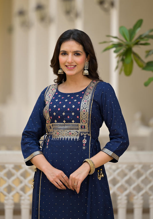 Juniper Blue Solid Rayon Kurta With Sequins & Doris - Swadesiicart