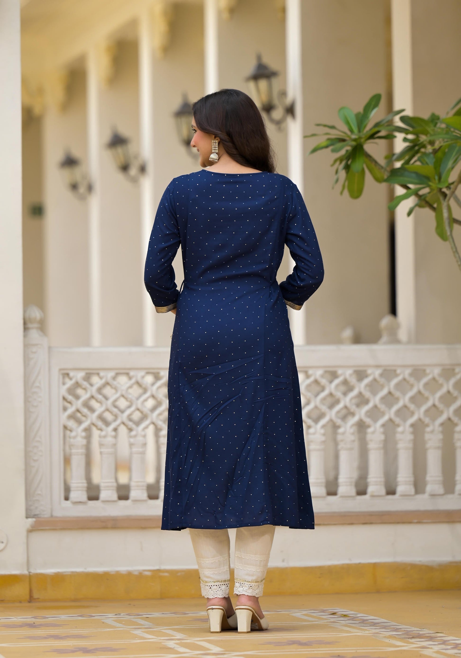 Juniper Blue Solid Rayon Kurta With Sequins & Doris - Swadesiicart
