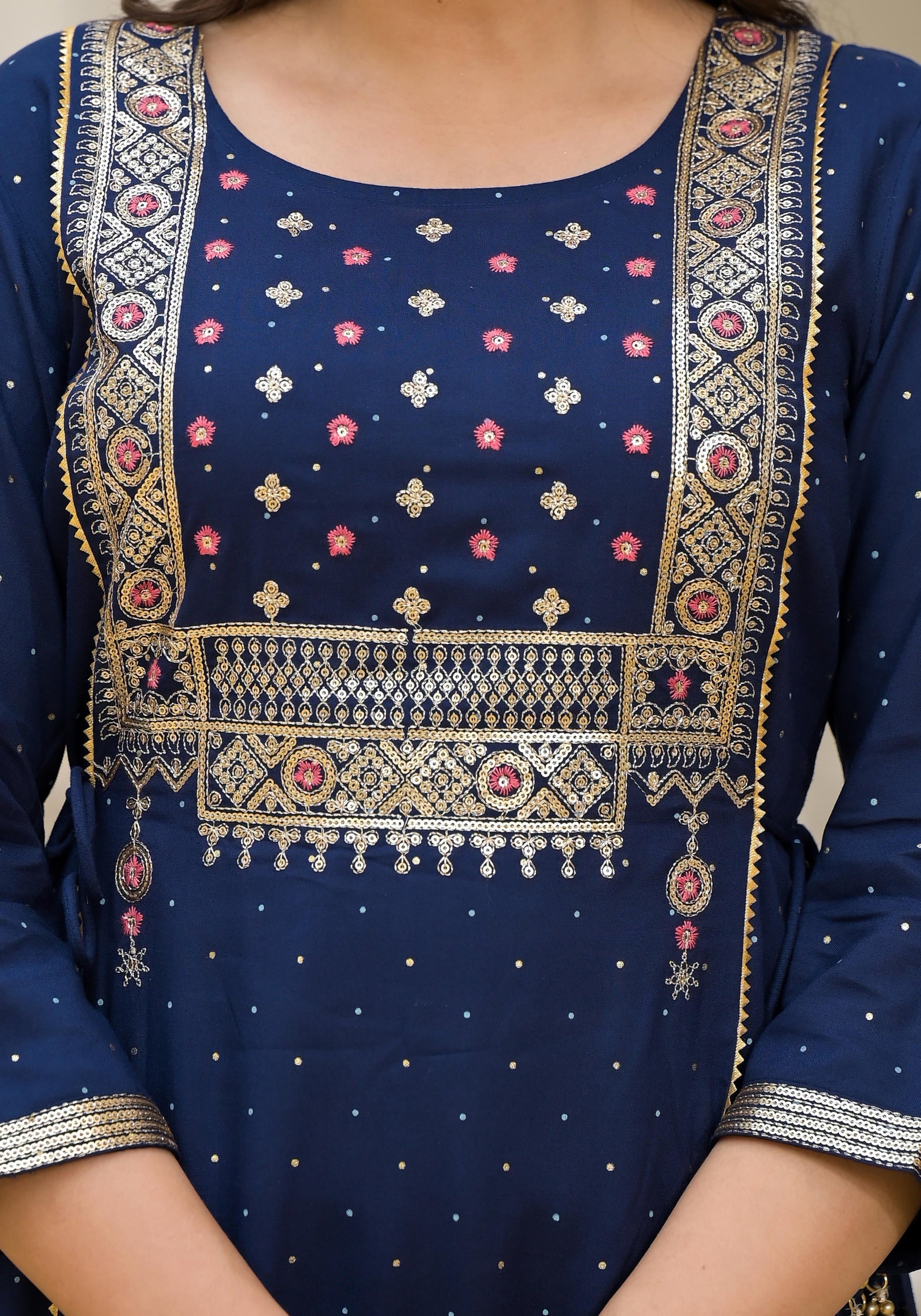 Juniper Blue Solid Rayon Kurta With Sequins & Doris - Swadesiicart