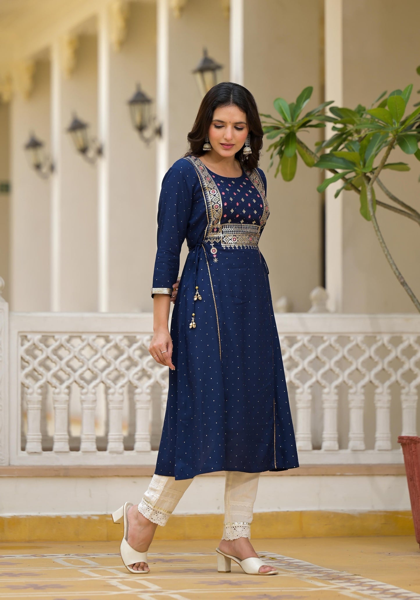 Juniper Blue Solid Rayon Kurta With Sequins & Doris - Swadesiicart