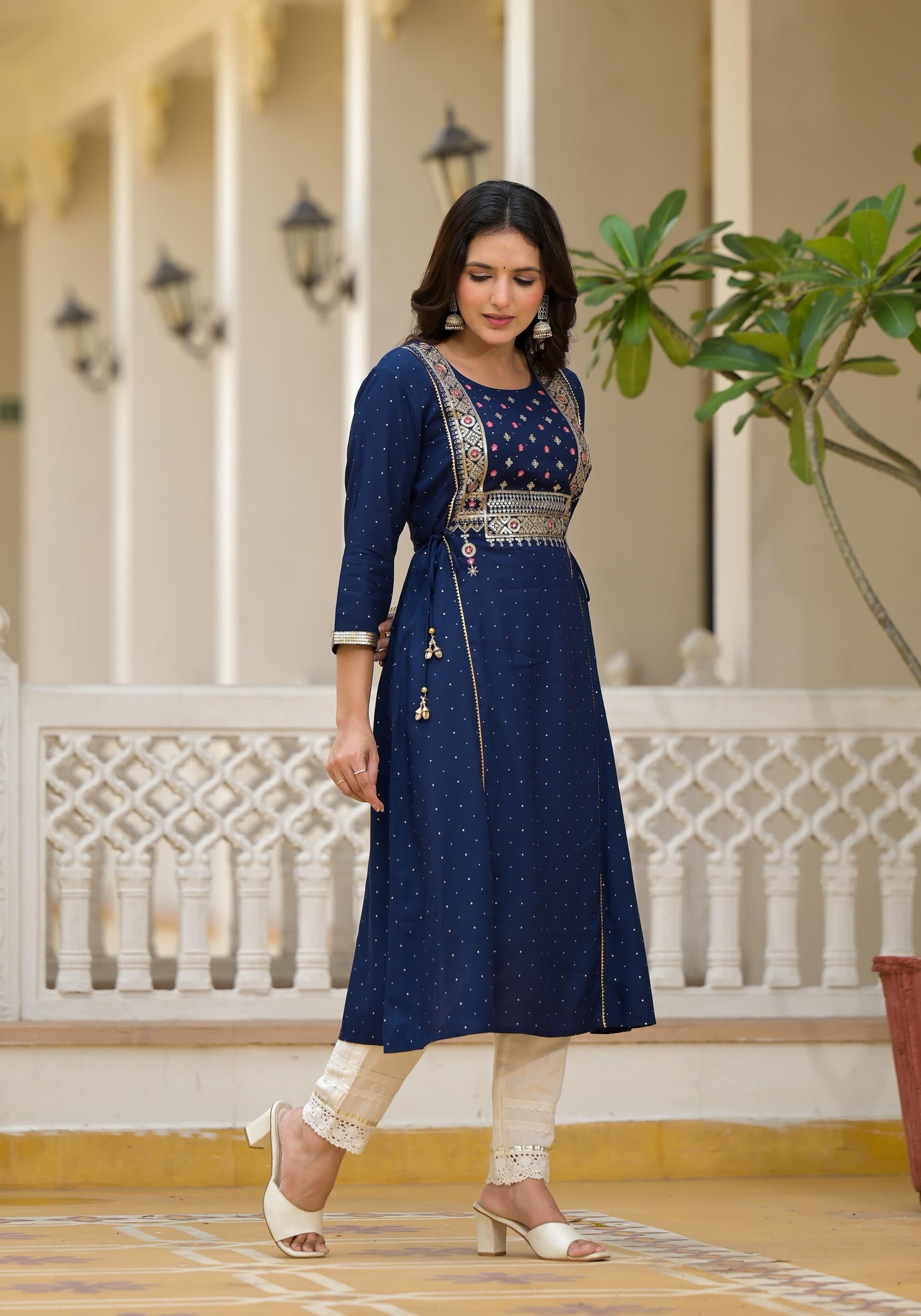 Juniper Blue Solid Rayon Kurta With Sequins & Doris - Swadesiicart