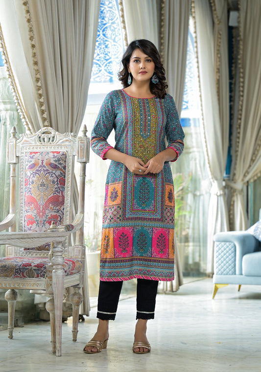 Juniper Blue Floral Printed Liva Rayon Kurta With Beads & Sequins Work - Swadesiicart