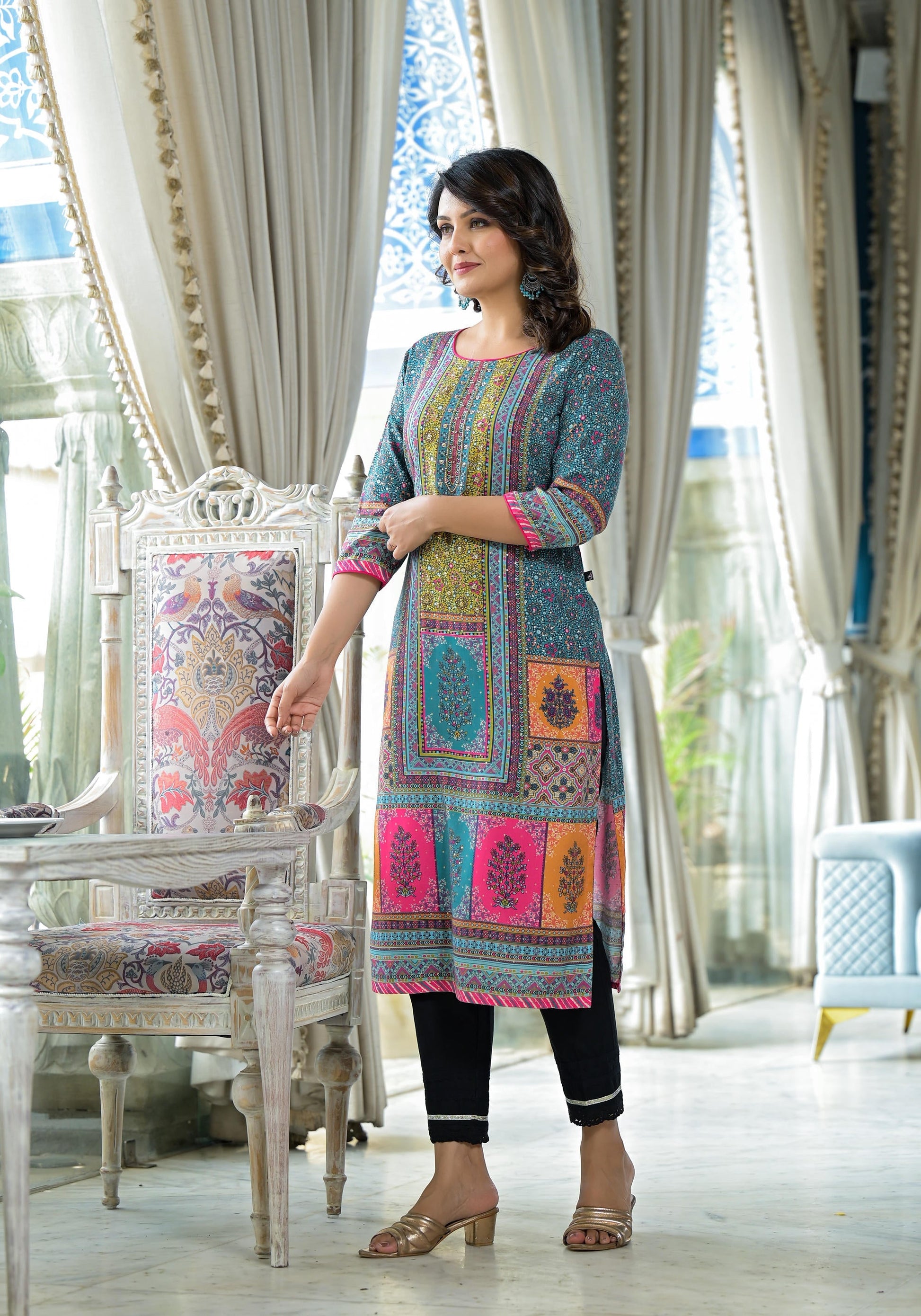 Juniper Blue Floral Printed Liva Rayon Kurta With Beads & Sequins Work - Swadesiicart