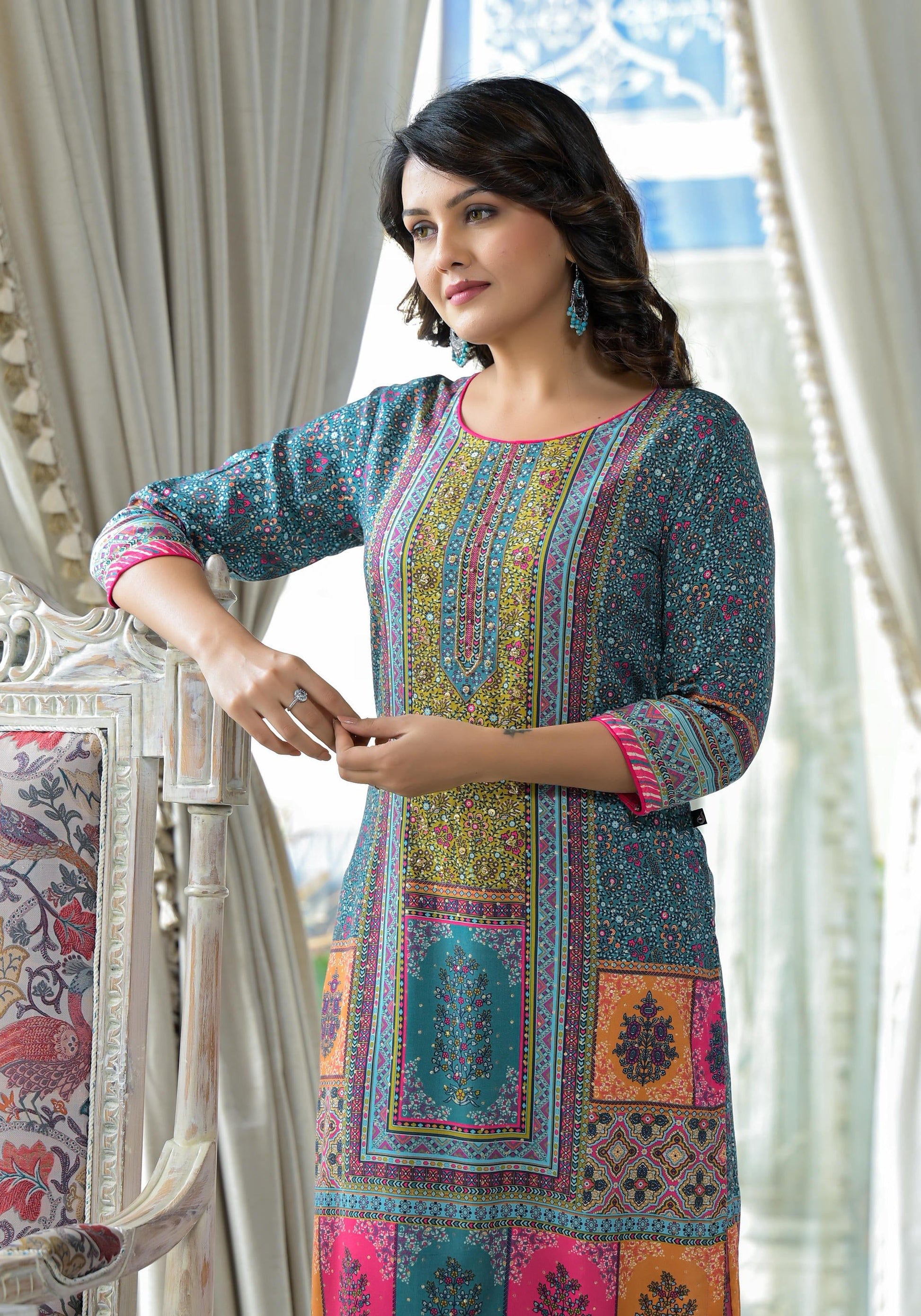 Juniper Blue Floral Printed Liva Rayon Kurta With Beads & Sequins Work - Swadesiicart