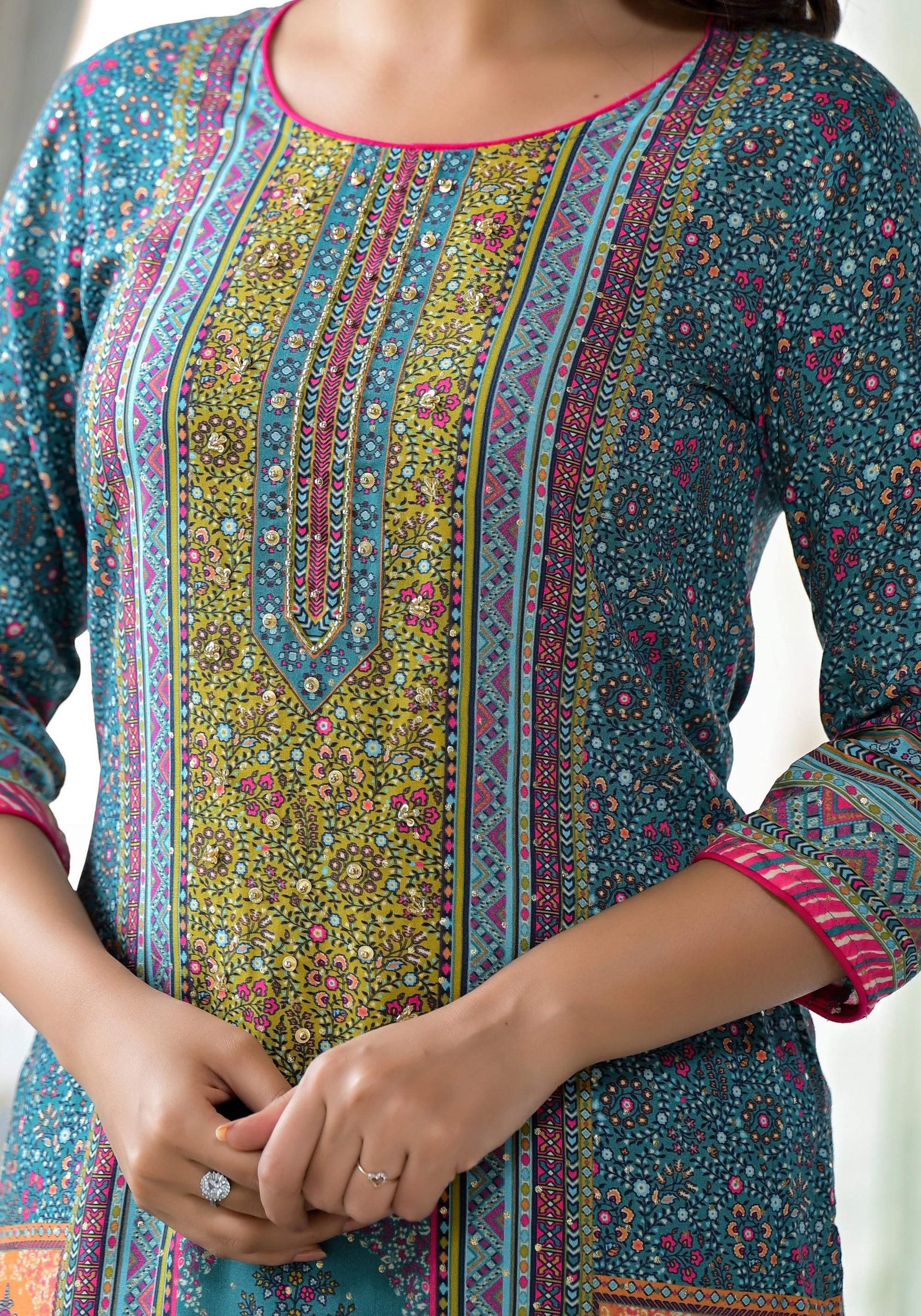 Juniper Blue Floral Printed Liva Rayon Kurta With Beads & Sequins Work - Swadesiicart
