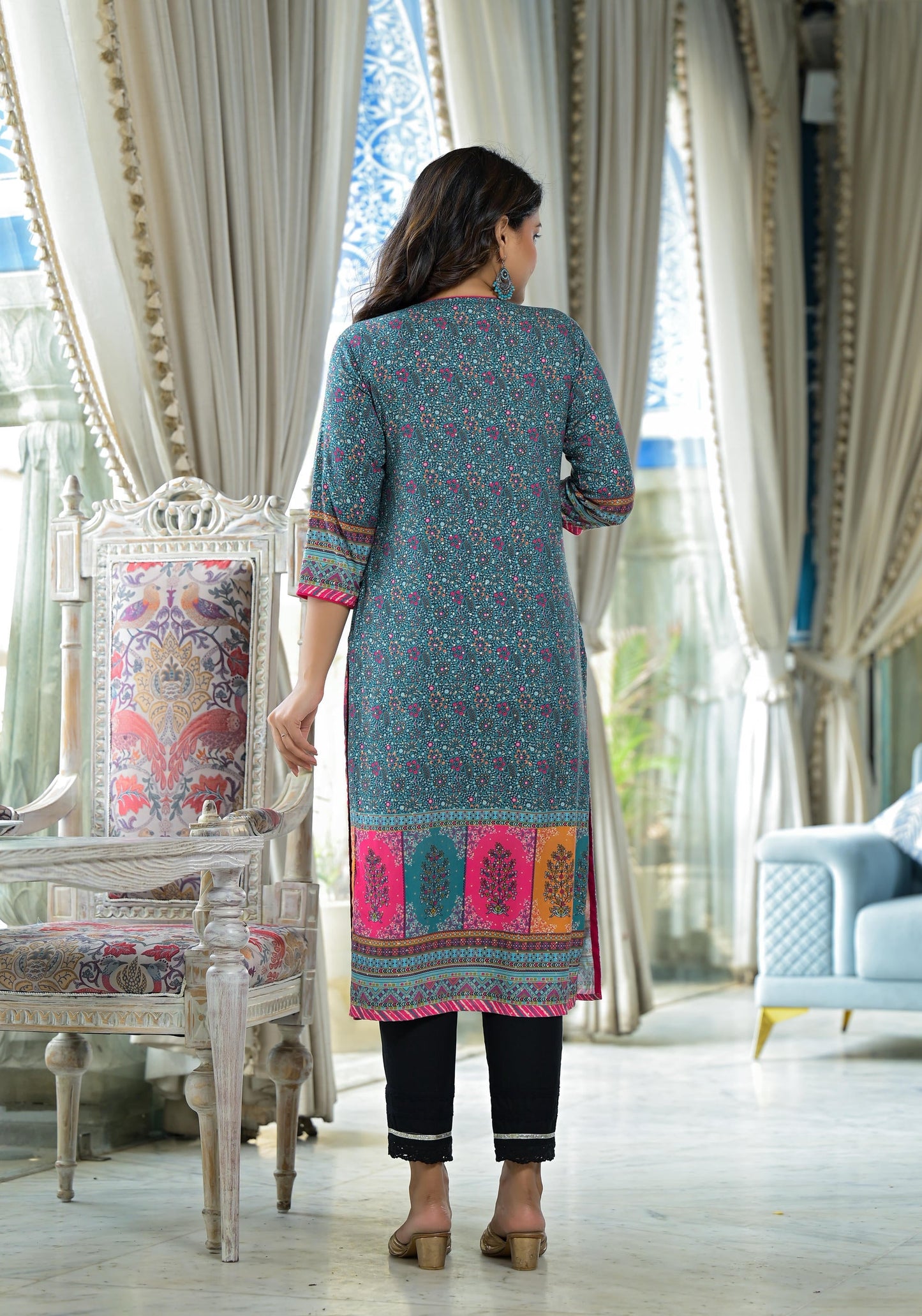 Juniper Blue Floral Printed Liva Rayon Kurta With Beads & Sequins Work - Swadesiicart