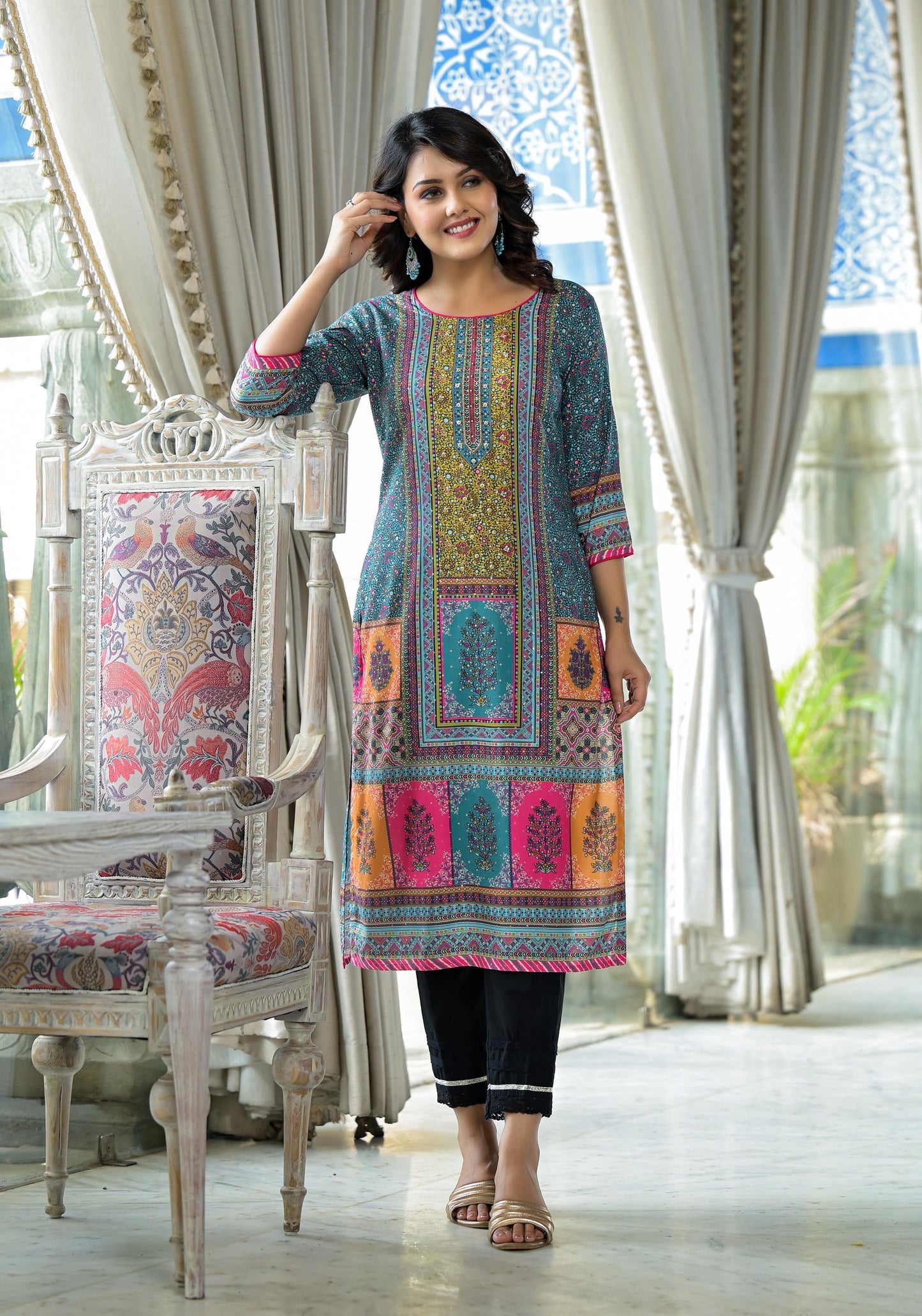 Juniper Blue Floral Printed Liva Rayon Kurta With Beads & Sequins Work - Swadesiicart