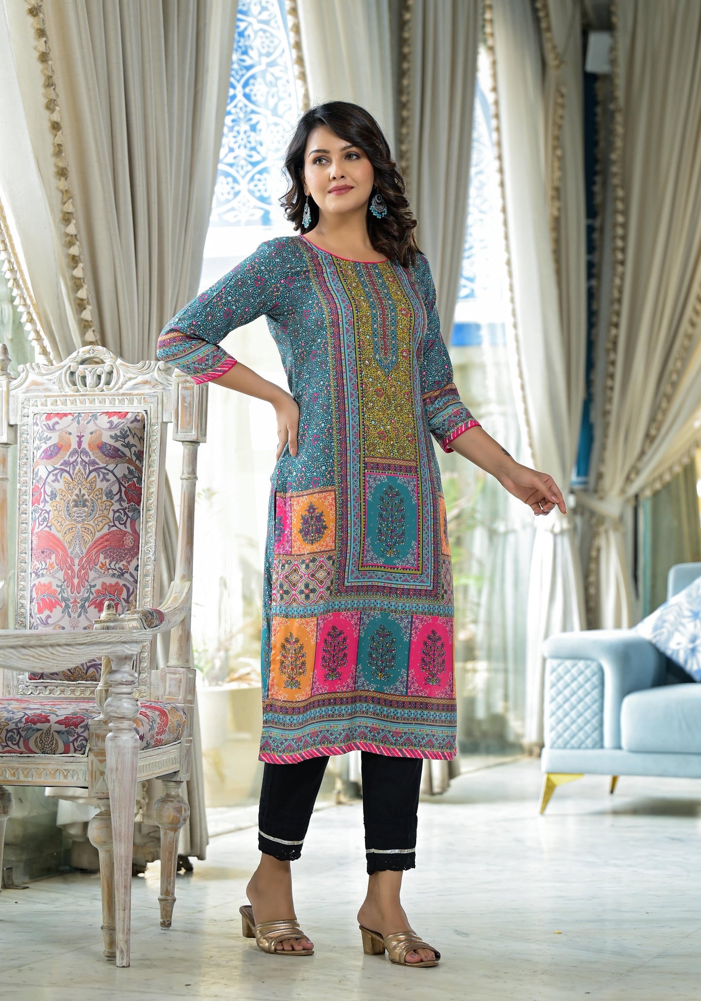 Juniper Blue Floral Printed Liva Rayon Kurta With Beads & Sequins Work - Swadesiicart
