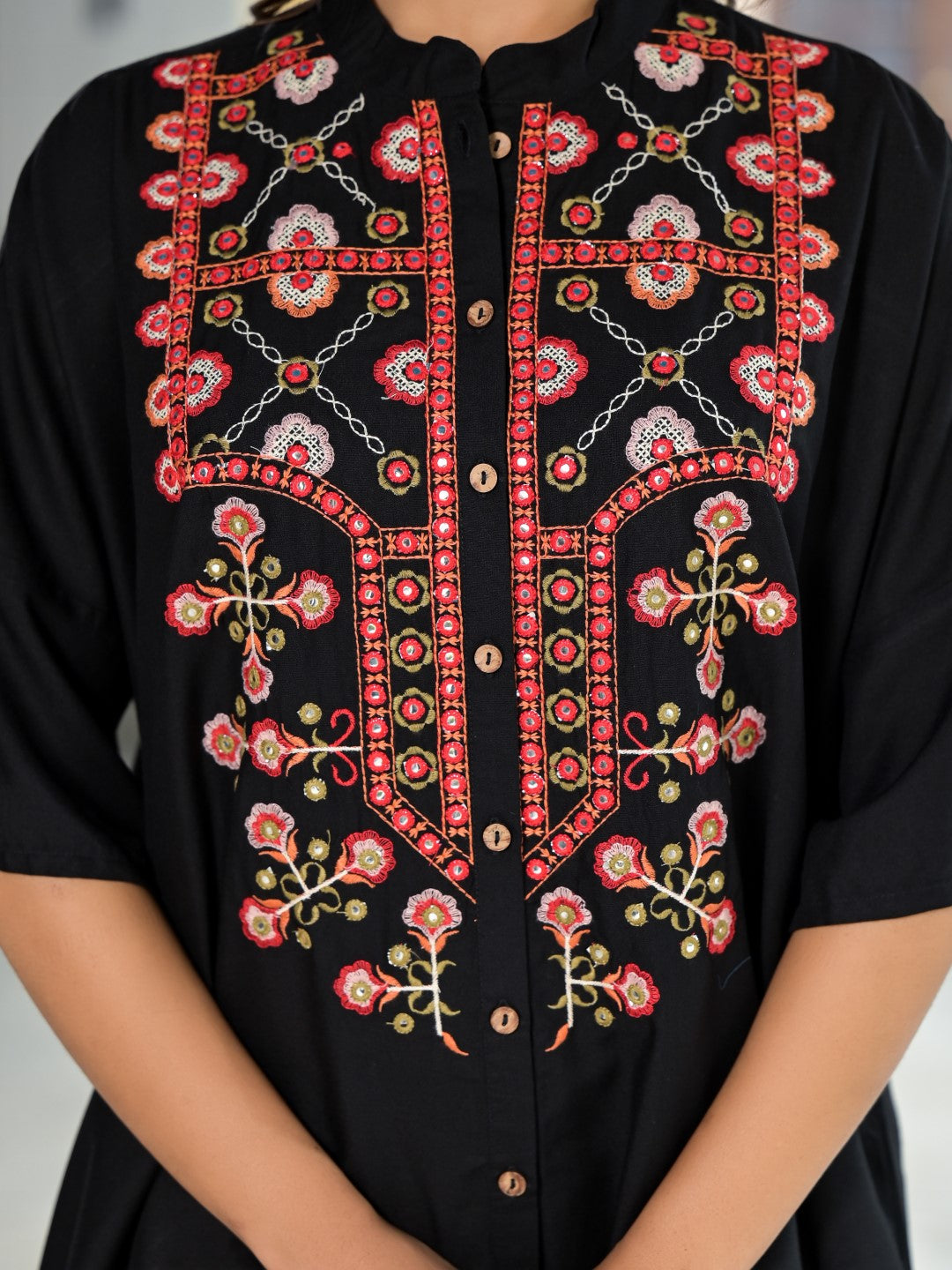 Juniper Women's Black Thread Embroidered Liva Rayon Tunic Pant Set With Mirror Work & Buttons - Swadesiicart