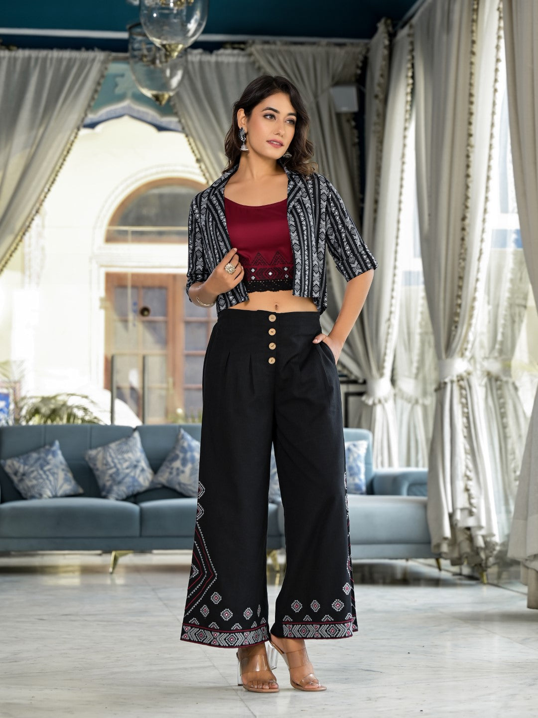 Juniper Women's Black Geometric Printed Liva Rayon Shrug With Inner & Palazzo Set With Thread & Mirror Work - Swadesiicart