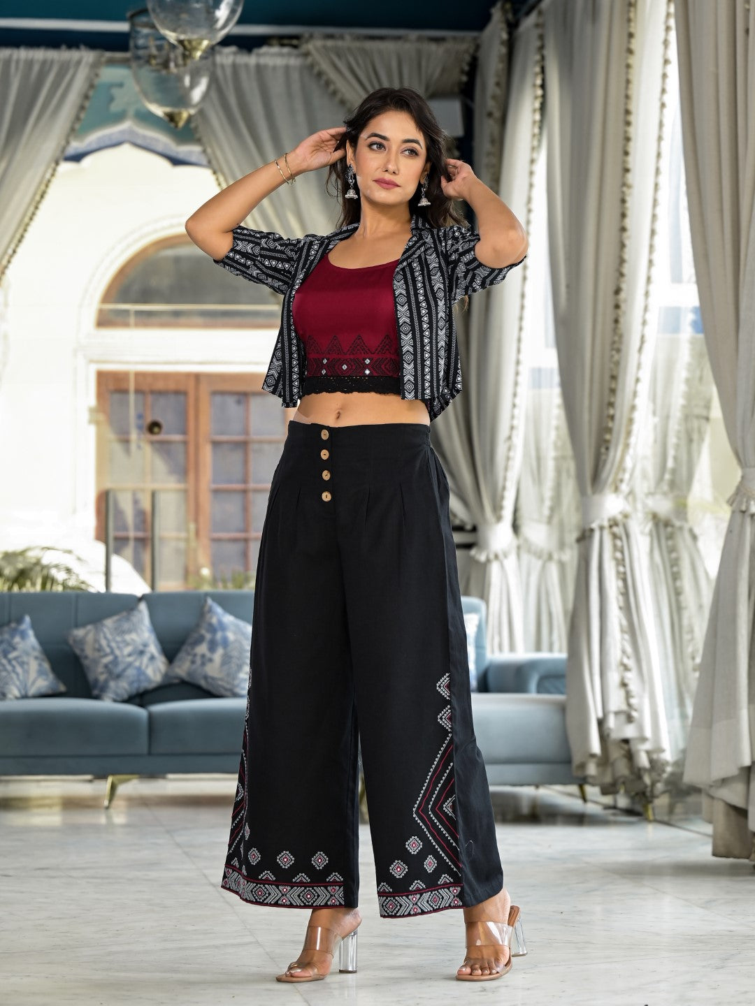 Juniper Women's Black Geometric Printed Liva Rayon Shrug With Inner & Palazzo Set With Thread & Mirror Work - Swadesiicart