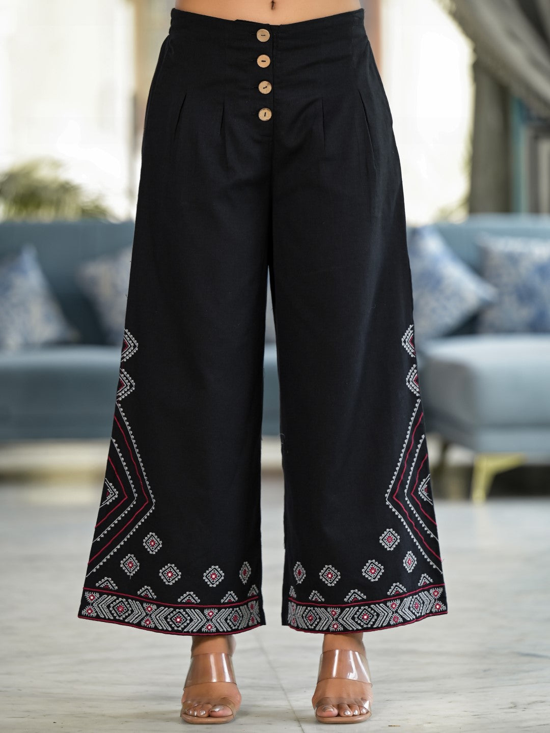 Juniper Women's Black Geometric Printed Liva Rayon Shrug With Inner & Palazzo Set With Thread & Mirror Work - Swadesiicart