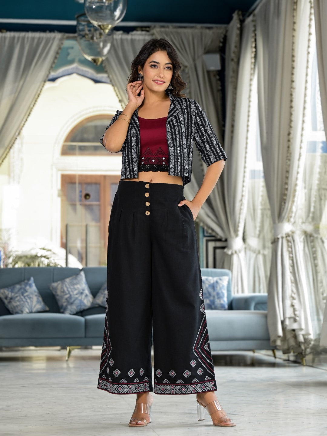Juniper Women's Black Geometric Printed Liva Rayon Shrug With Inner & Palazzo Set With Thread & Mirror Work - Swadesiicart