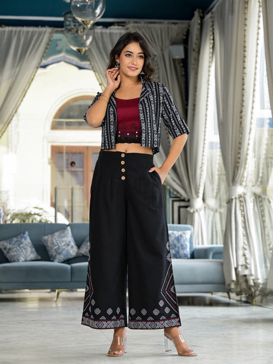 Juniper Women's Black Geometric Printed Liva Rayon Shrug With Inner & Palazzo Set With Thread & Mirror Work - Swadesiicart