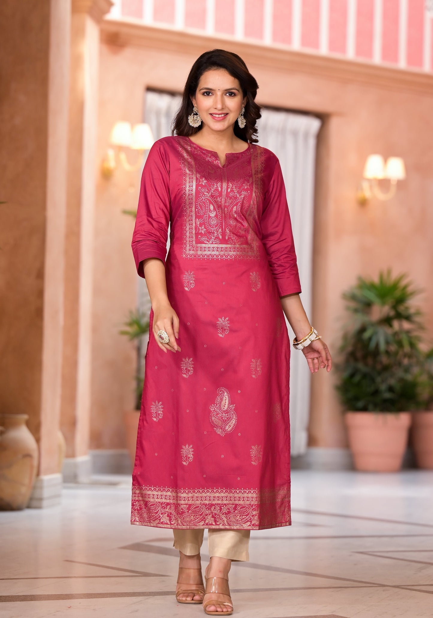 Juniper Women's Maroon Ethnic Motif Printed Cotton Kurta - Swadesiicart