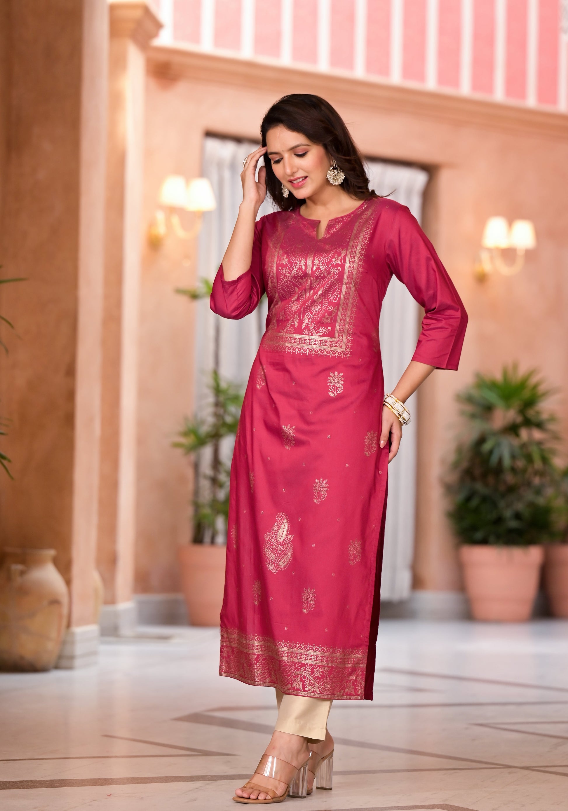 Juniper Women's Maroon Ethnic Motif Printed Cotton Kurta - Swadesiicart