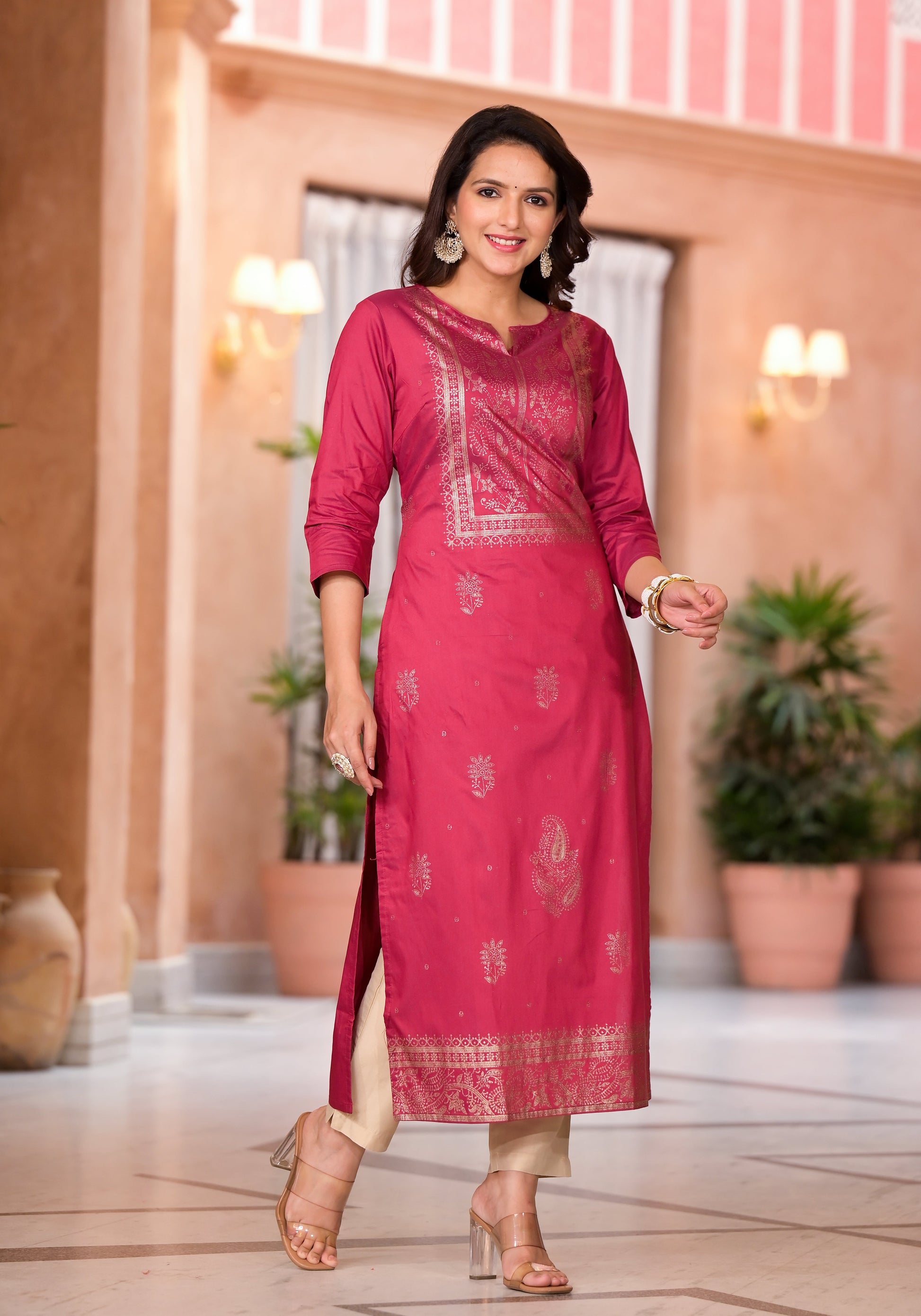 Juniper Women's Maroon Ethnic Motif Printed Cotton Kurta - Swadesiicart