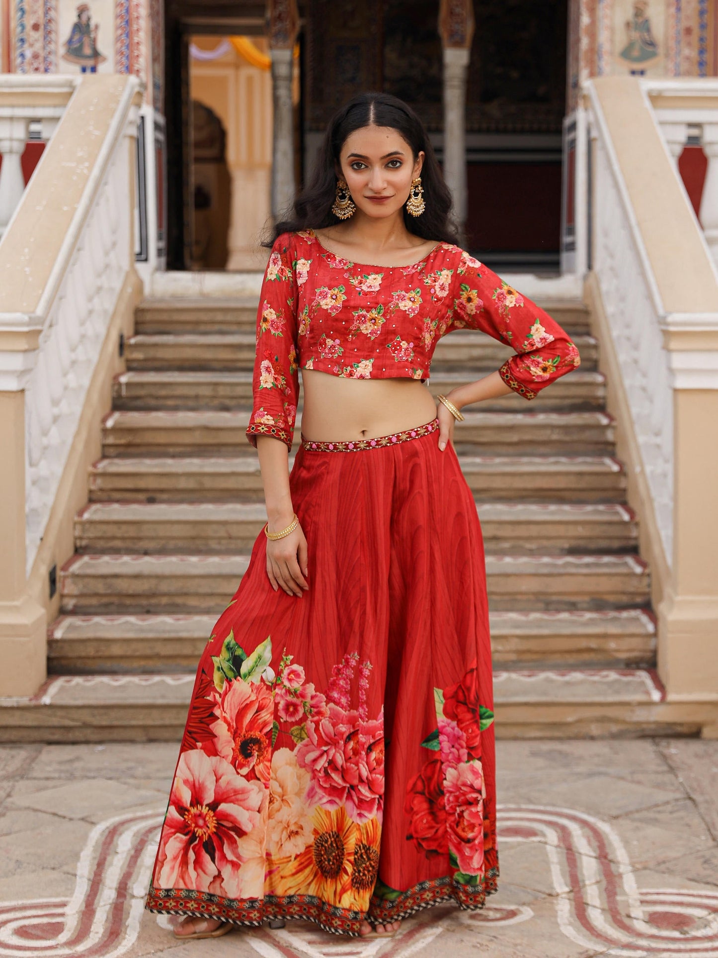 Juniper The Adah Rust Floral Printed Viscose Top & Skirt Set With Sequins & Thread Work - Swadesiicart