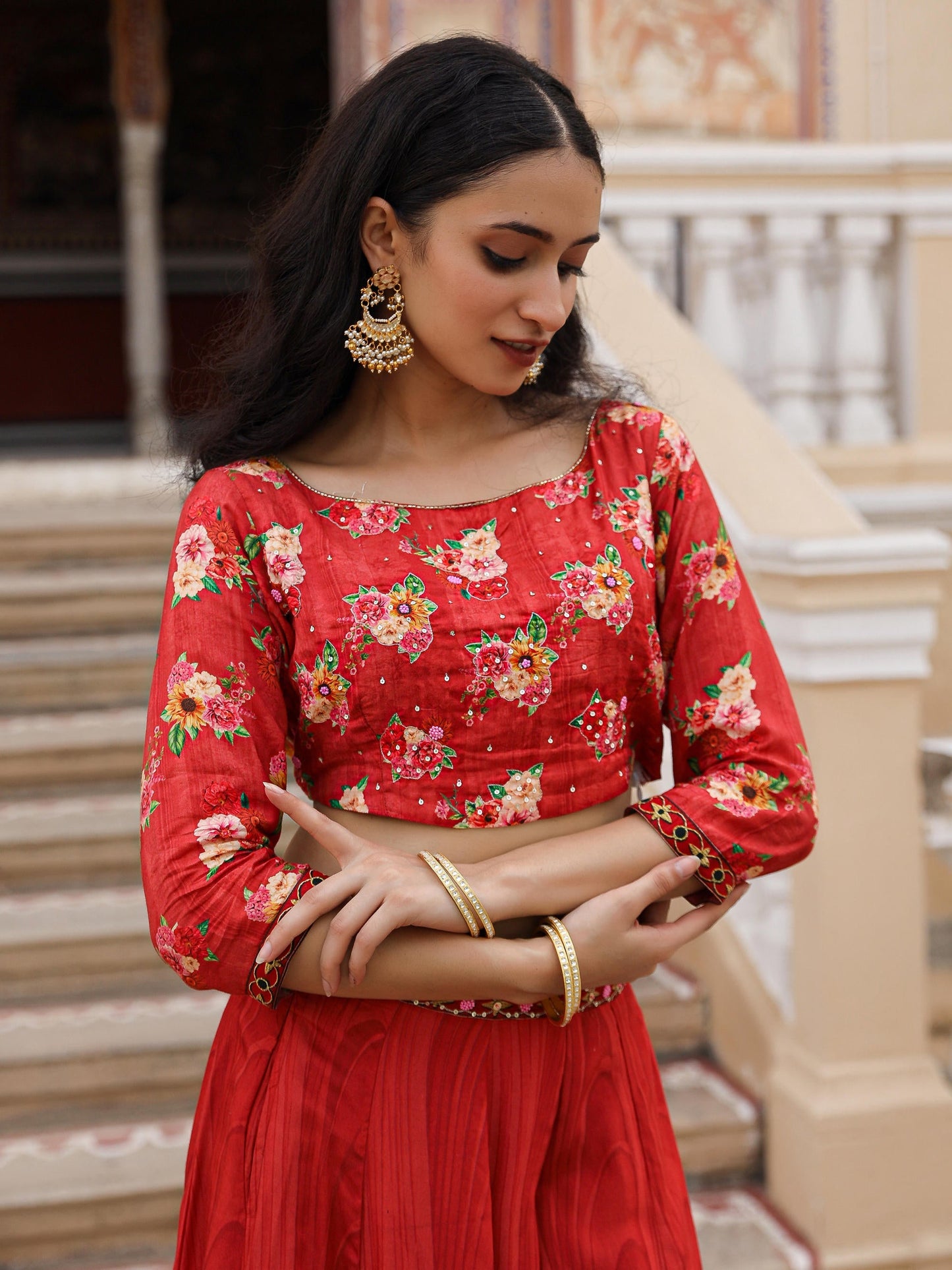 Juniper The Adah Rust Floral Printed Viscose Top & Skirt Set With Sequins & Thread Work - Swadesiicart
