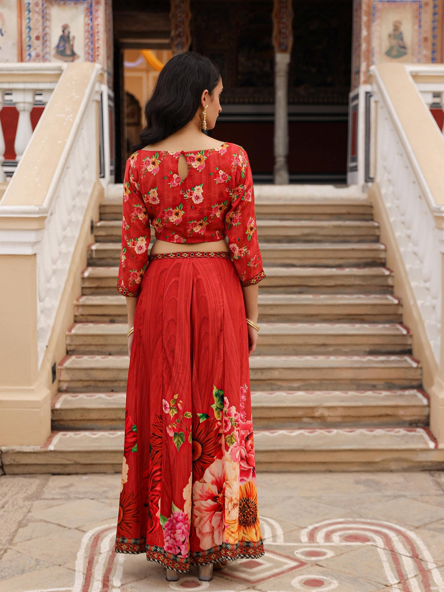 Juniper The Adah Rust Floral Printed Viscose Top & Skirt Set With Sequins & Thread Work - Swadesiicart