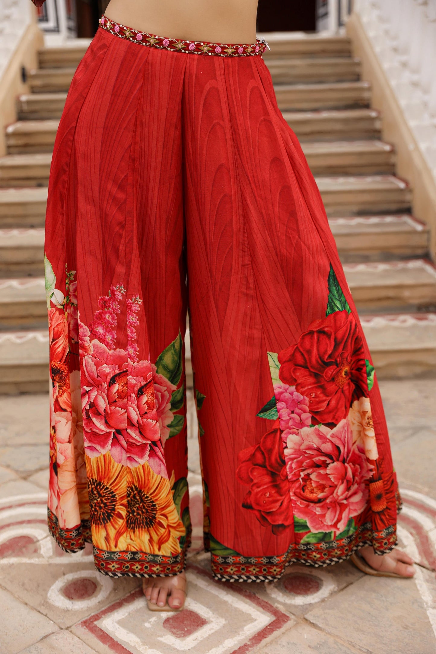 Juniper The Adah Rust Floral Printed Viscose Top & Skirt Set With Sequins & Thread Work - Swadesiicart