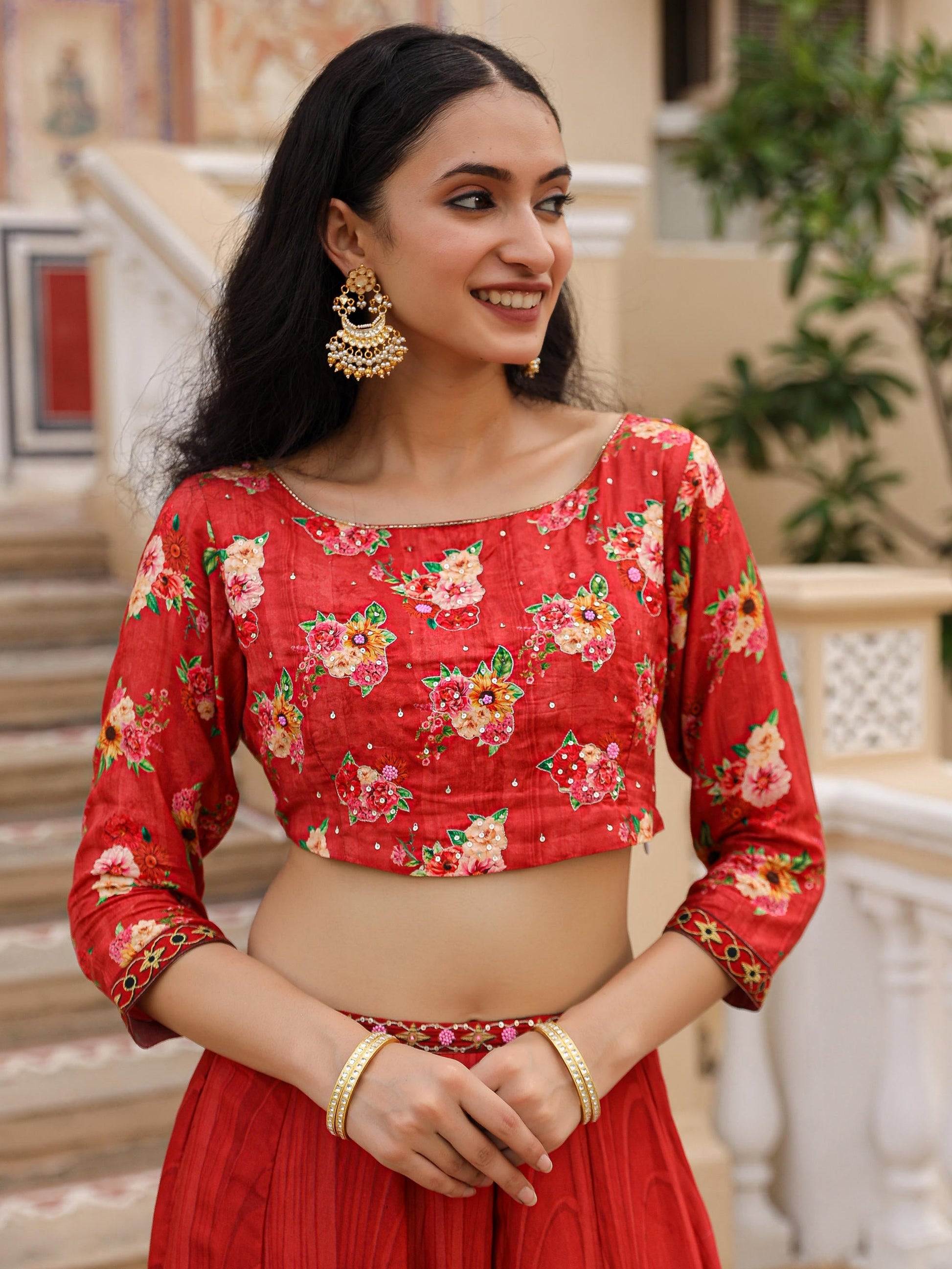 Juniper The Adah Rust Floral Printed Viscose Top & Skirt Set With Sequins & Thread Work - Swadesiicart