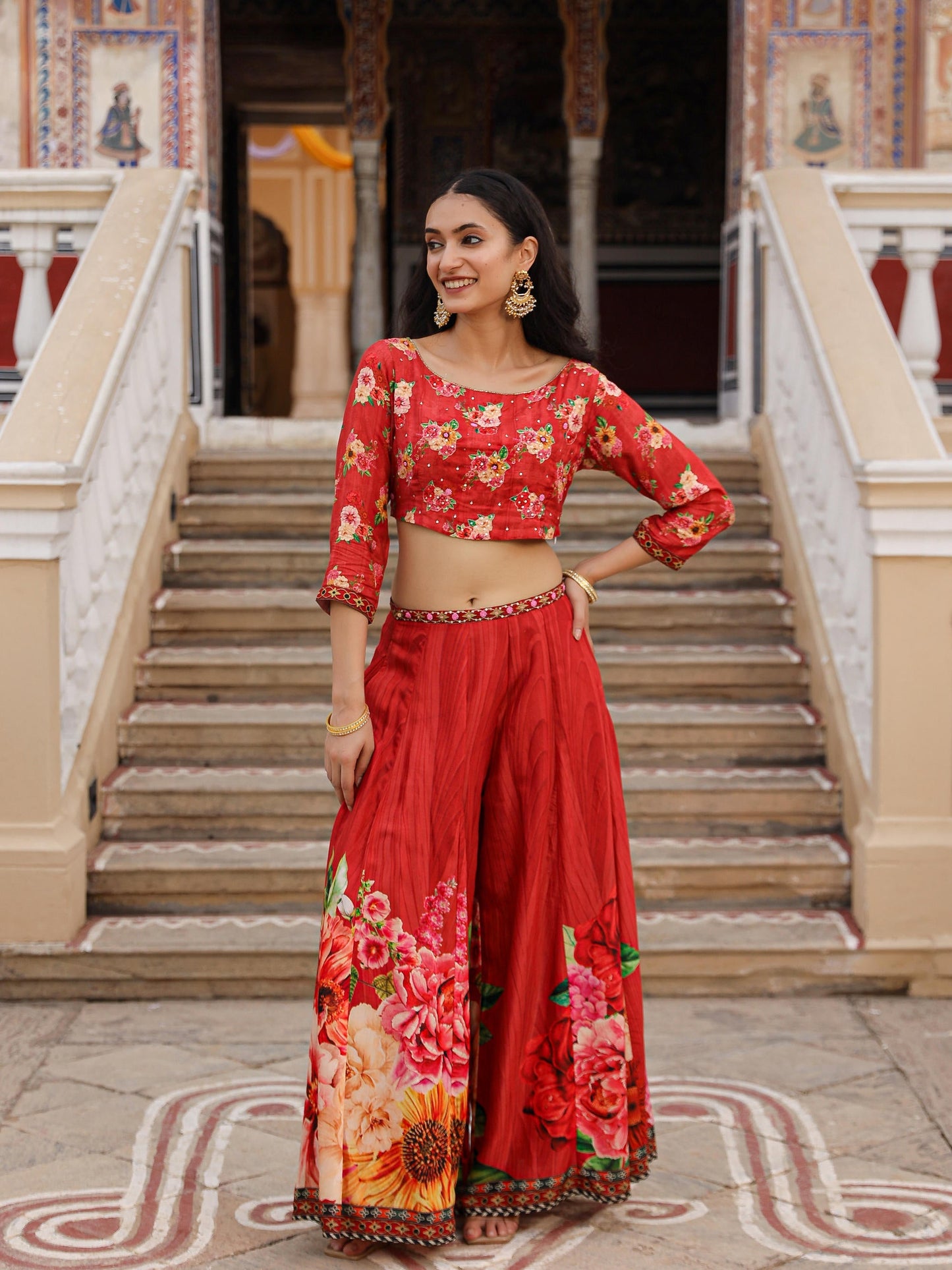 Juniper The Adah Rust Floral Printed Viscose Top & Skirt Set With Sequins & Thread Work - Swadesiicart