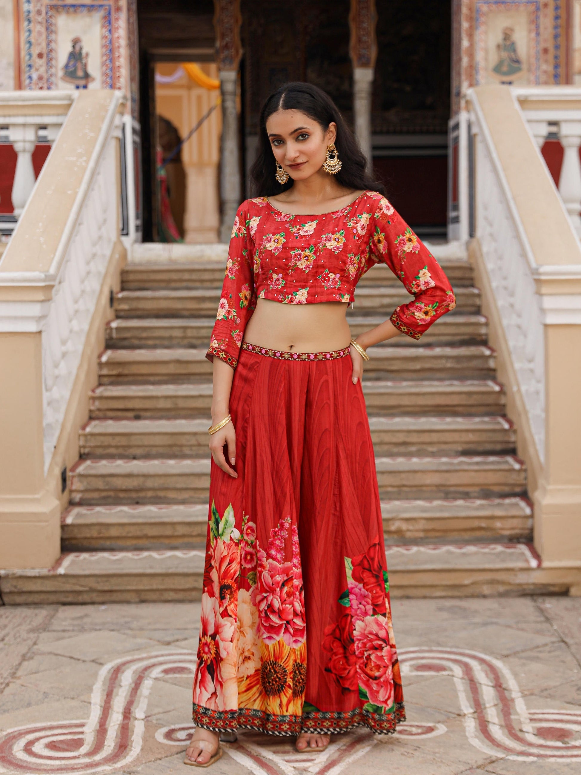 Juniper The Adah Rust Floral Printed Viscose Top & Skirt Set With Sequins & Thread Work - Swadesiicart