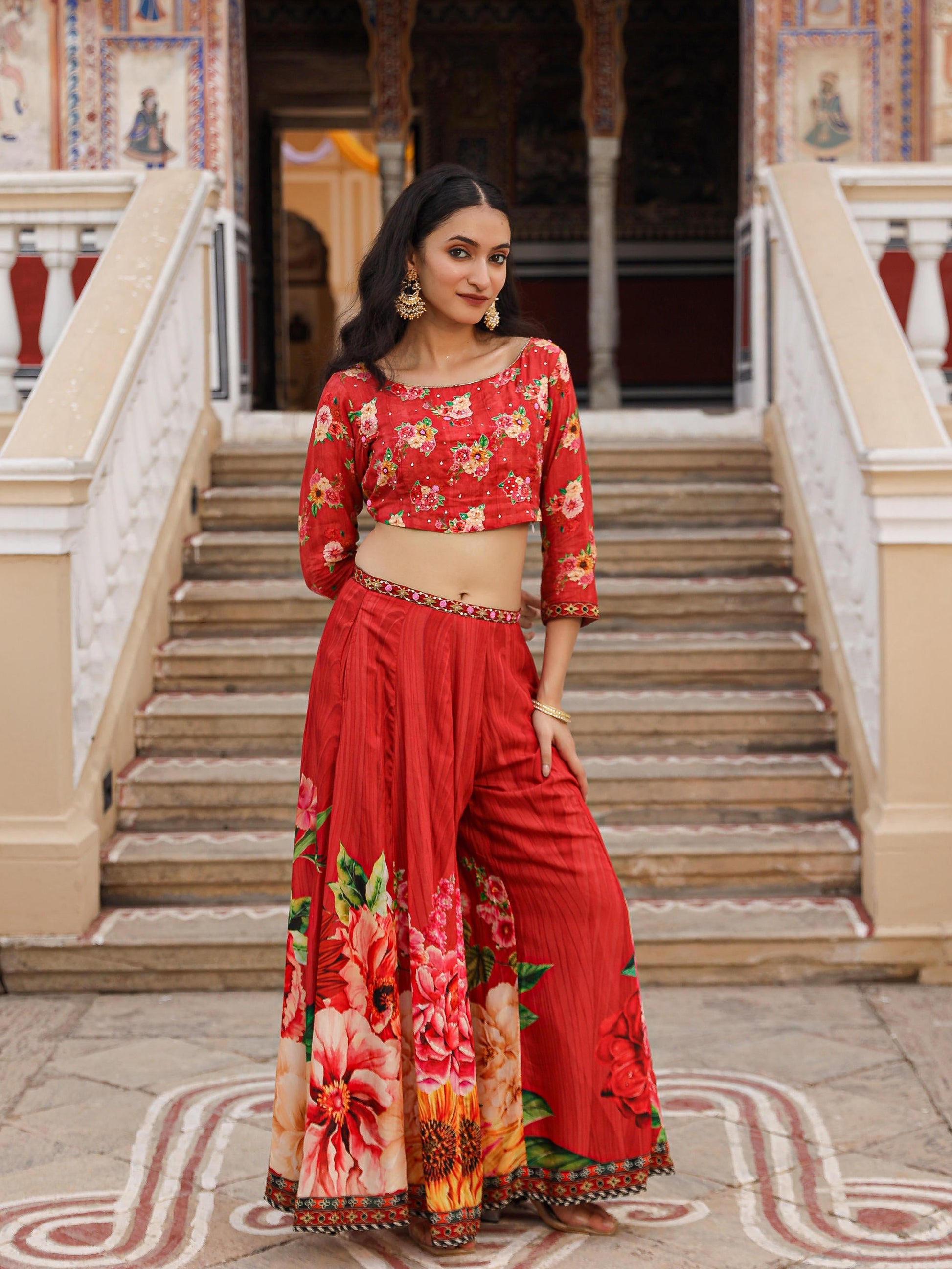 Juniper The Adah Rust Floral Printed Viscose Top & Skirt Set With Sequins & Thread Work - Swadesiicart