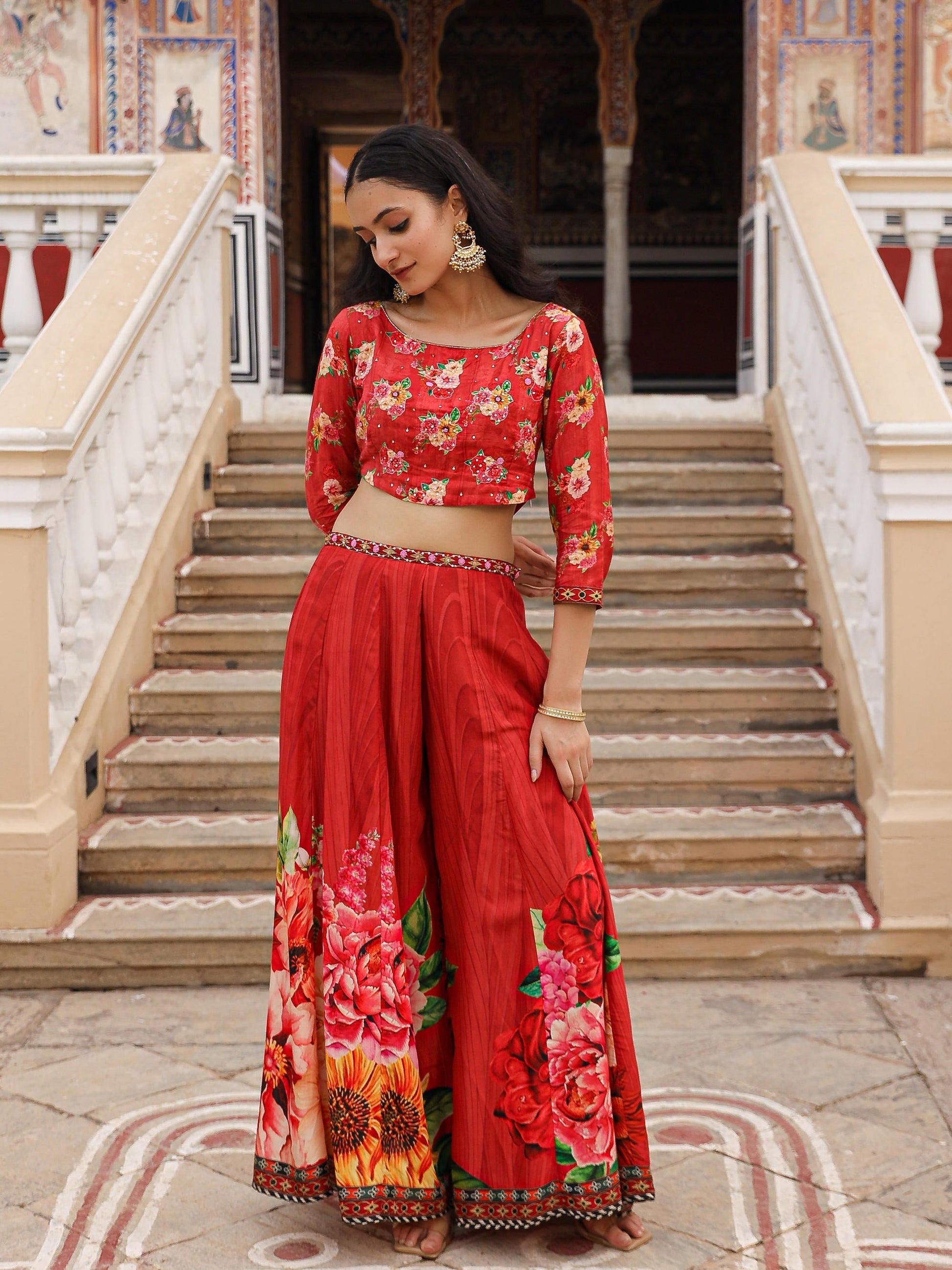 Juniper The Adah Rust Floral Printed Viscose Top & Skirt Set With Sequins & Thread Work - Swadesiicart