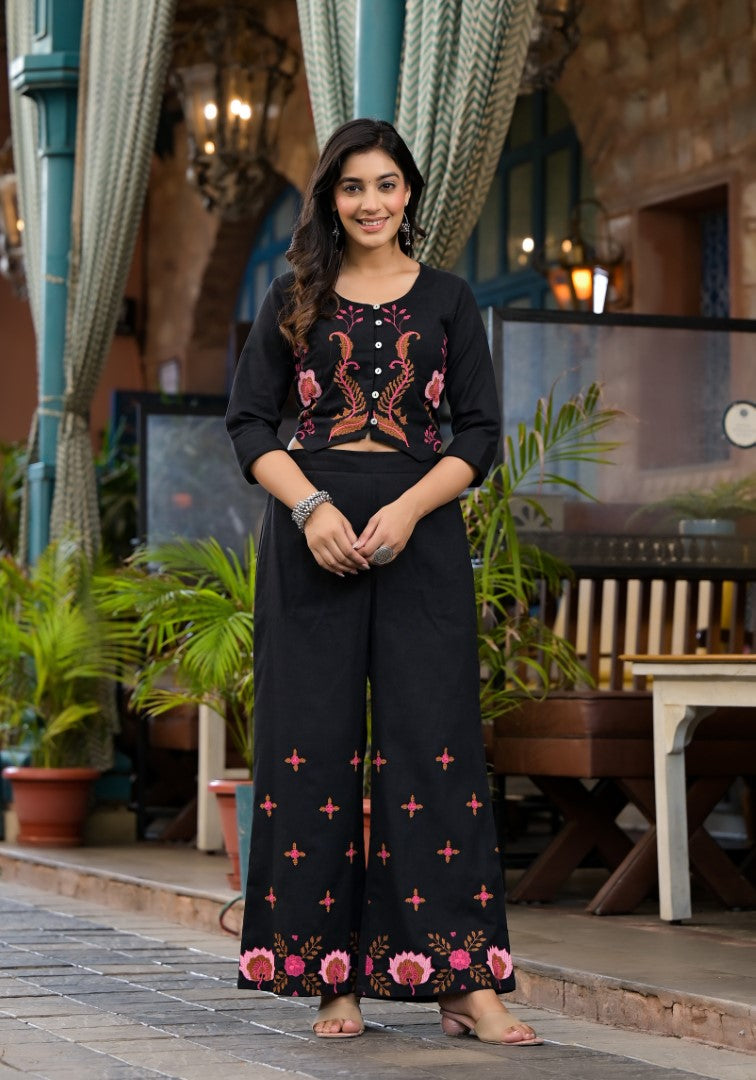 Juniper Women's Black Thread Embroidered Cotton Top & Palazzo Set With Button Detail - Swadesiicart