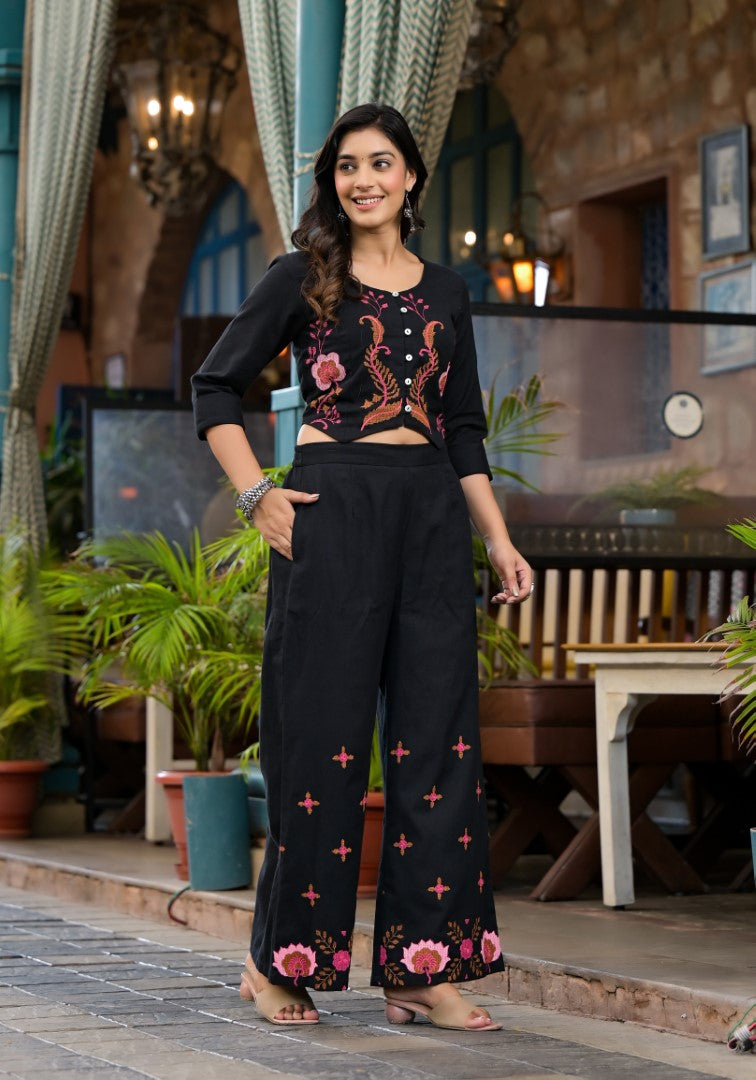 Juniper Women's Black Thread Embroidered Cotton Top & Palazzo Set With Button Detail - Swadesiicart