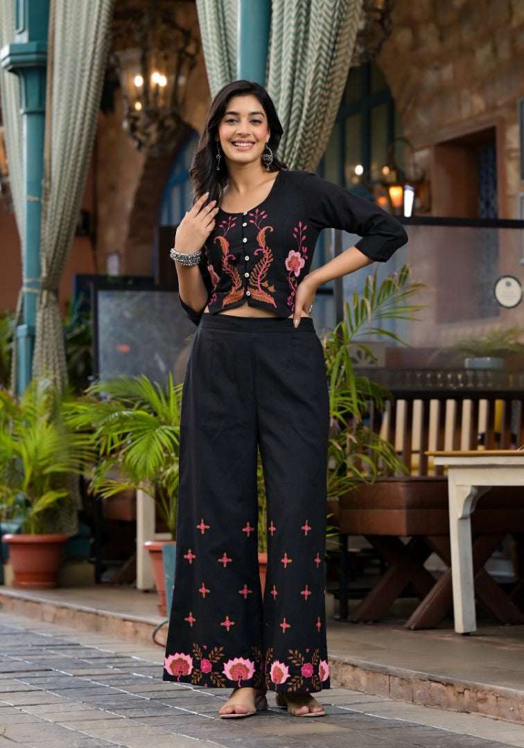 Juniper Women's Black Thread Embroidered Cotton Top & Palazzo Set With Button Detail - Swadesiicart
