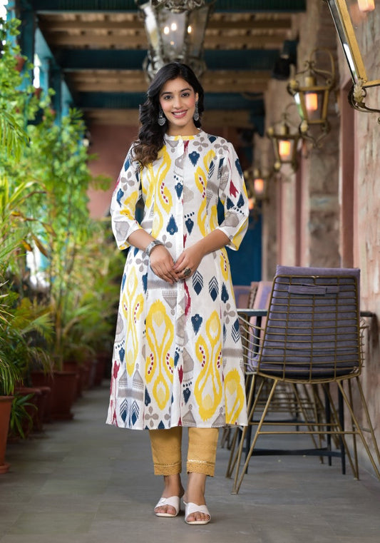 Juniper Women's Yellow Ikat Printed Liva Rayon Kurta With Button Closure - Swadesiicart