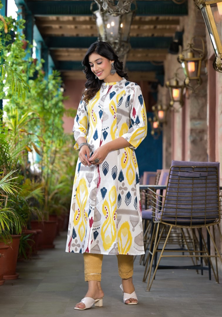 Juniper Women's Yellow Ikat Printed Liva Rayon Kurta With Button Closure - Swadesiicart