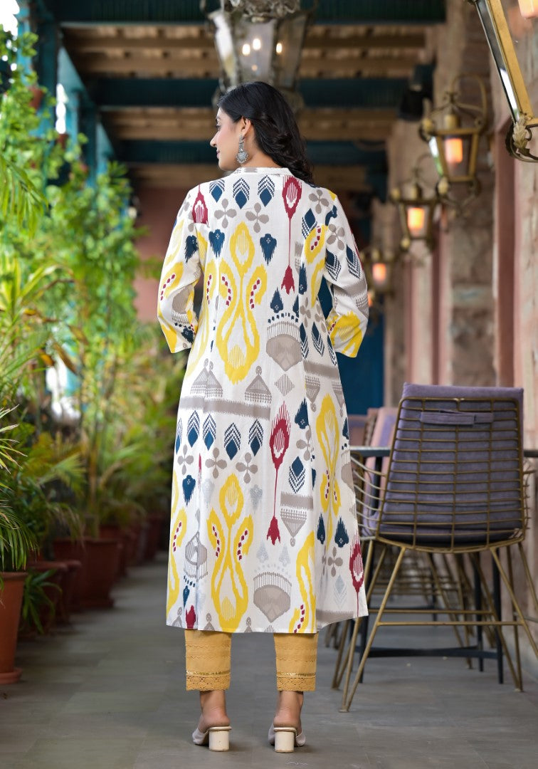 Juniper Women's Yellow Ikat Printed Liva Rayon Kurta With Button Closure - Swadesiicart
