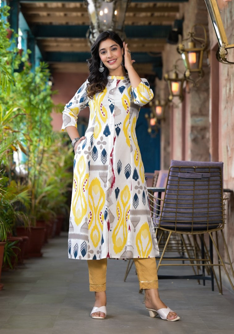 Juniper Women's Yellow Ikat Printed Liva Rayon Kurta With Button Closure - Swadesiicart