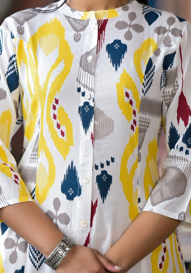Juniper Women's Yellow Ikat Printed Liva Rayon Kurta With Button Closure - Swadesiicart