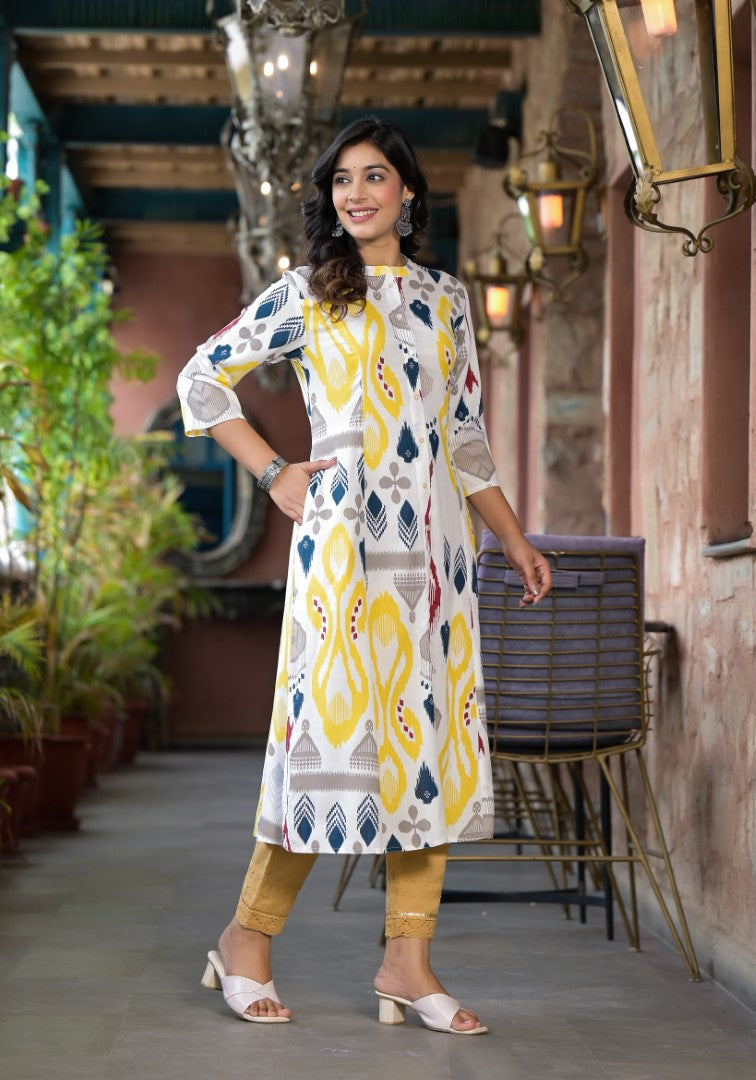 Juniper Women's Yellow Ikat Printed Liva Rayon Kurta With Button Closure - Swadesiicart