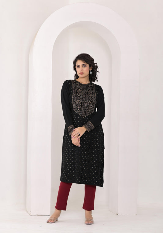 Juniper Women's Black Ethnic Motif Printed Cotton Winter Wear Kurta - Swadesiicart