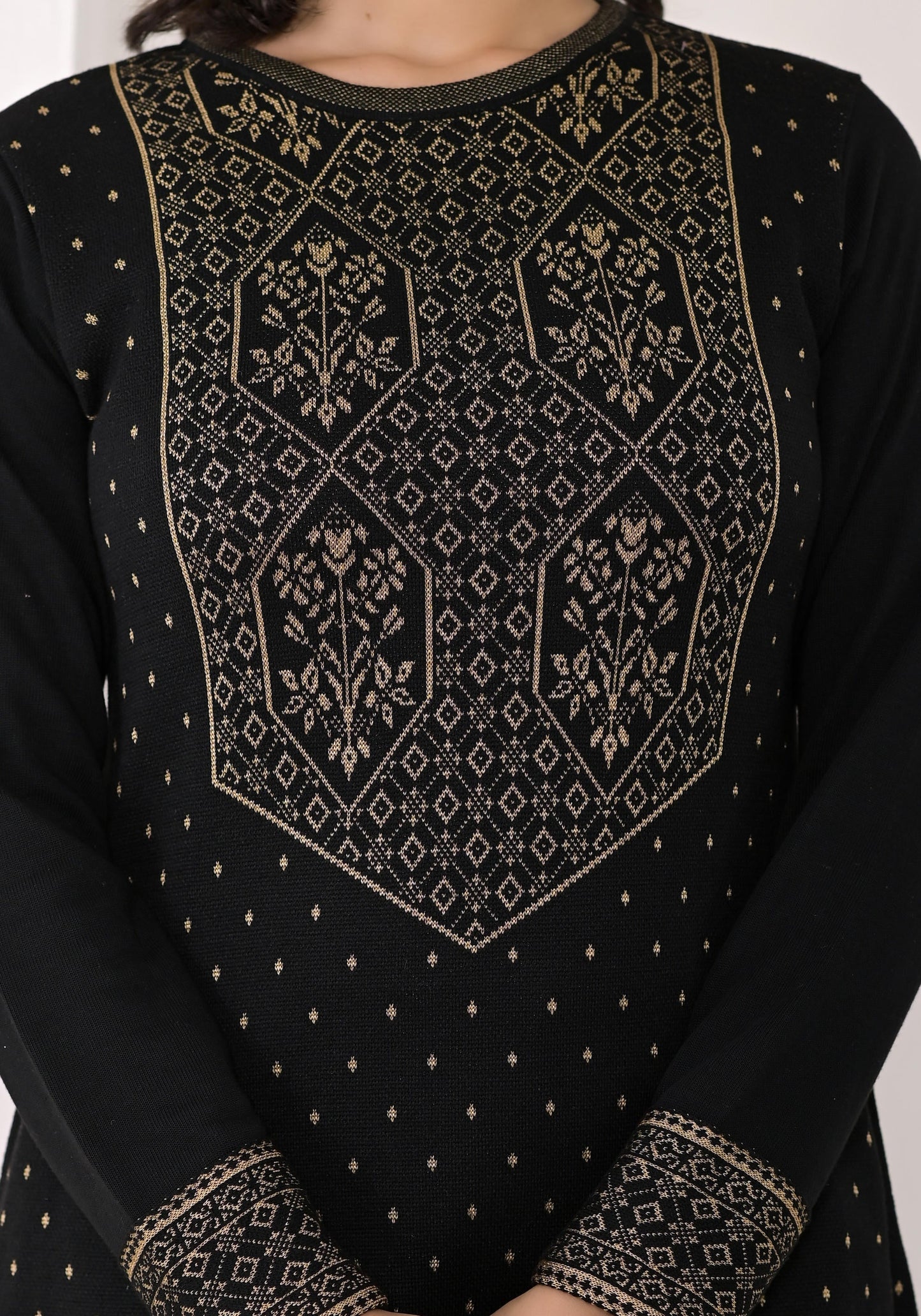 Juniper Women's Black Ethnic Motif Printed Cotton Winter Wear Kurta - Swadesiicart