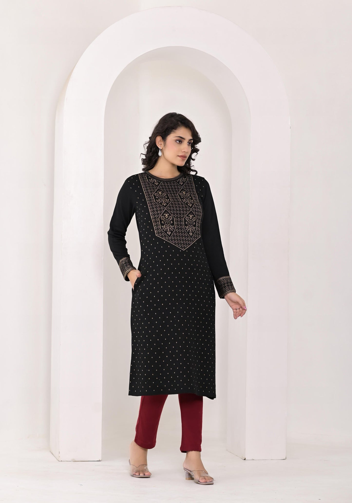Juniper Women's Black Ethnic Motif Printed Cotton Winter Wear Kurta - Swadesiicart