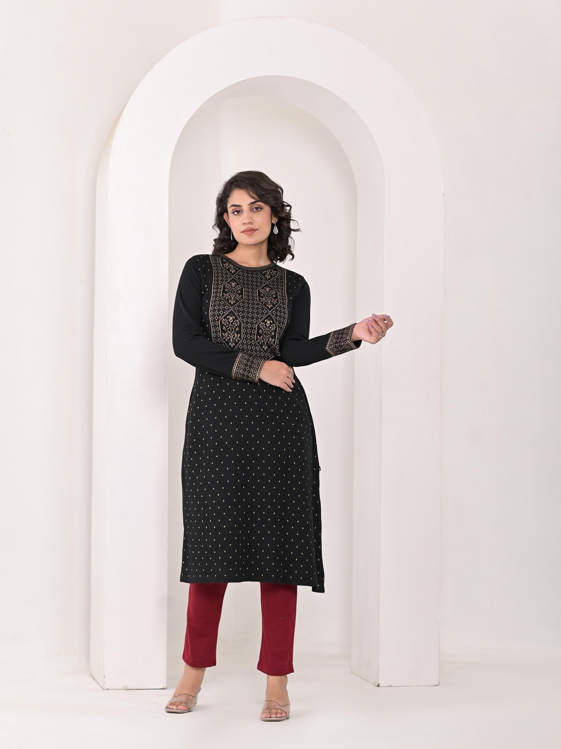 Juniper Women's Black Ethnic Motif Printed Cotton Winter Wear Kurta - Swadesiicart