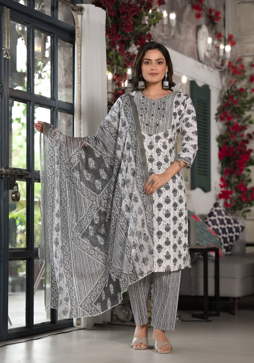Juniper Women's Black Ethnic Motif Printed Cotton Kurta, Pant And Dupatta Set With Mirror & Thread Work - Swadesiicart