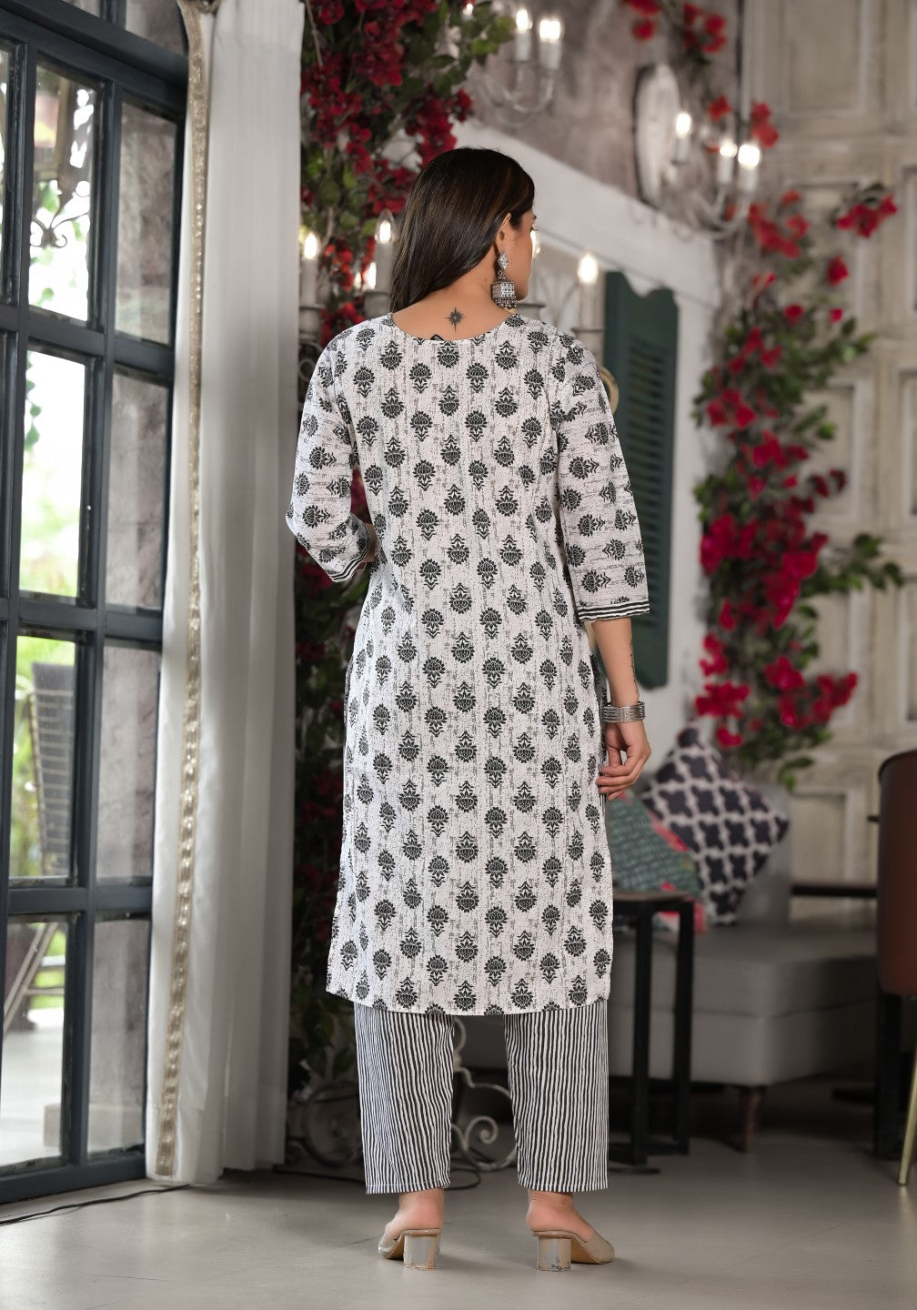 Juniper Women's Black Ethnic Motif Printed Cotton Kurta, Pant And Dupatta Set With Mirror & Thread Work - Swadesiicart