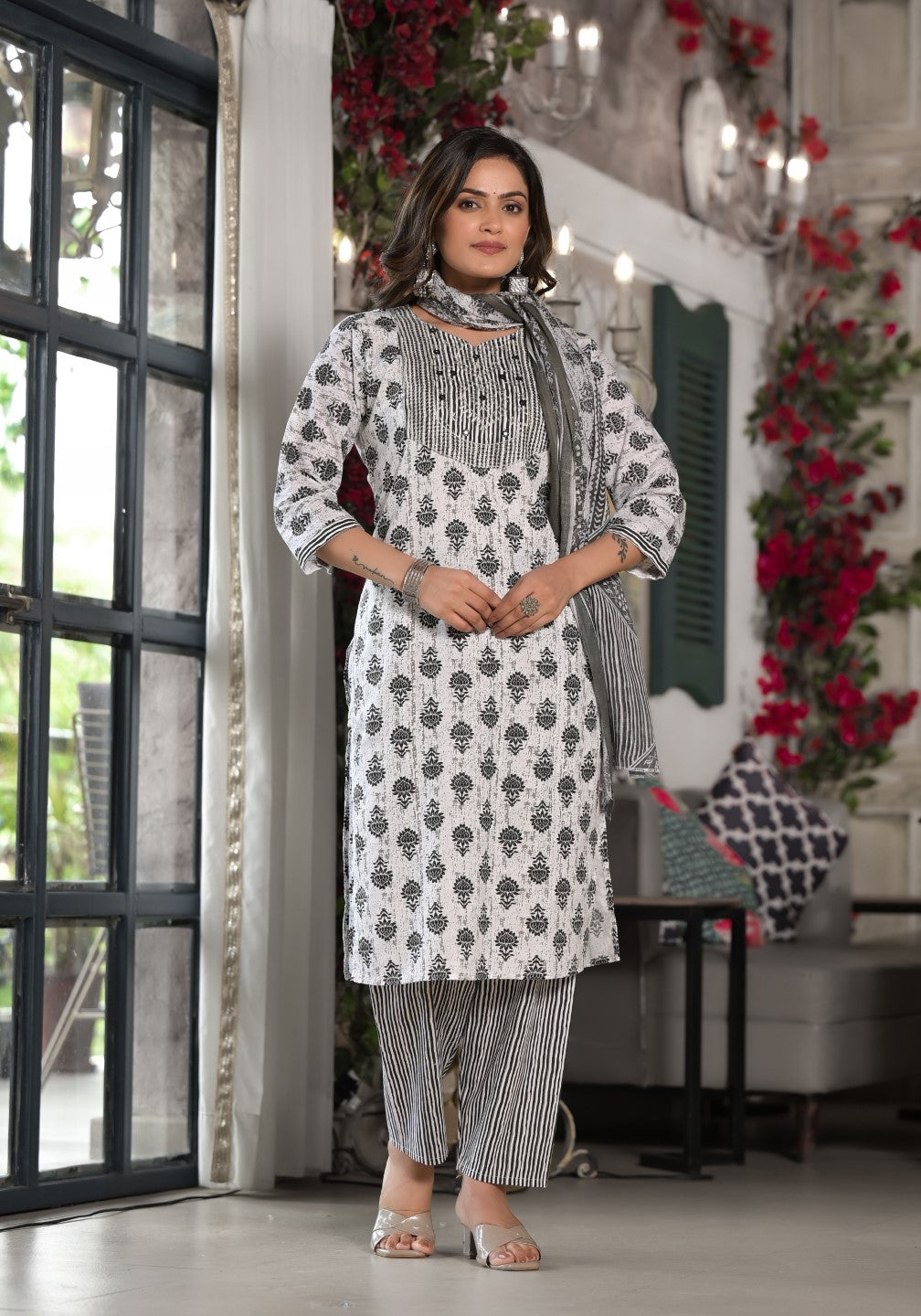 Juniper Women's Black Ethnic Motif Printed Cotton Kurta, Pant And Dupatta Set With Mirror & Thread Work - Swadesiicart