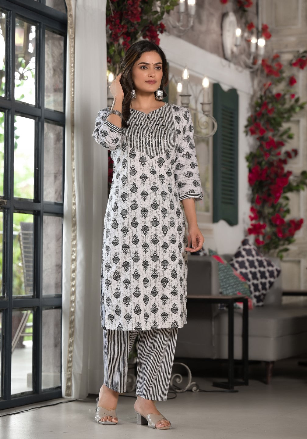 Juniper Women's Black Ethnic Motif Printed Cotton Kurta, Pant And Dupatta Set With Mirror & Thread Work - Swadesiicart
